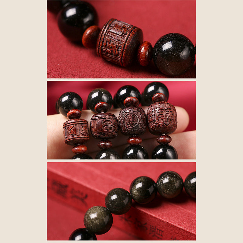 Gold Sheen & Rainbow Obsidian Fu Bracelet – on wood surface with botanical accents, healing bracelet