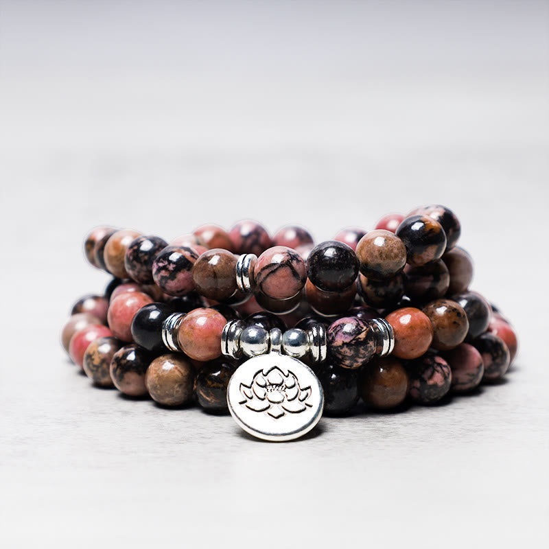 108 Mala Beads Rhodonite Lotus Bracelet – Stacked pink stone coils with lotus pendant focus, emotional healing