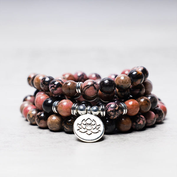 108 Mala Beads Rhodonite Lotus Bracelet – Stacked pink stone coils with lotus pendant focus, emotional healing