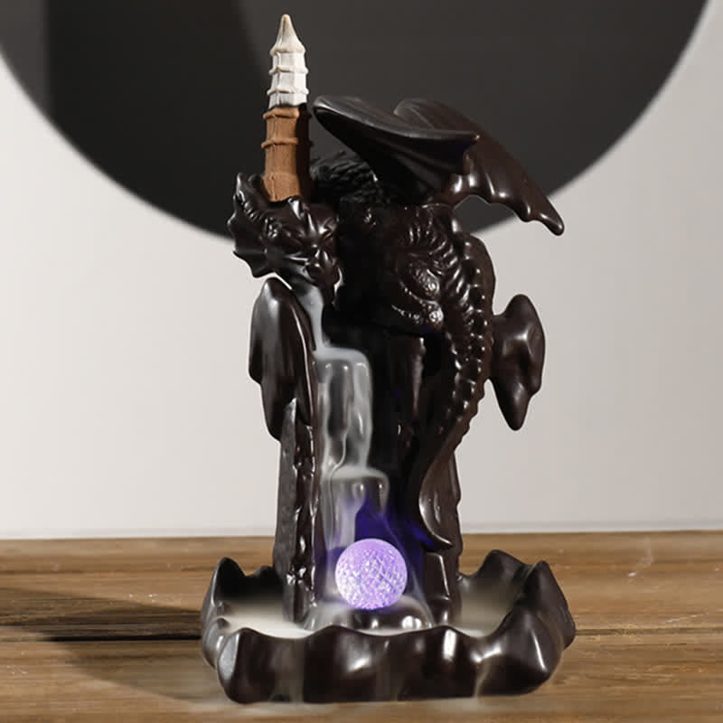 Nordic Dragon Backflow Incense Burner with pagoda topper, purple LED orb and cascading smoke, ceramic incense holder