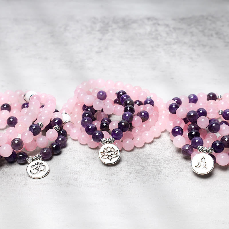 Rose Quartz Amethyst Mala Trio – three charm bracelets laid side by side, collection flatlay