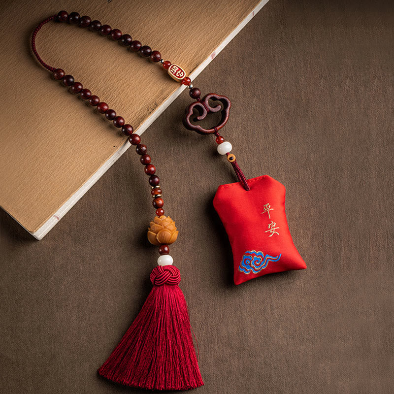 Red Sandalwood Car Hanging – Ruyi cloud connector with red silk pouch embroidered with gold peace characters and lotus tassel