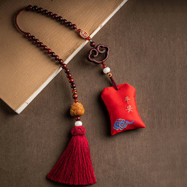 Red Sandalwood Car Hanging – Ruyi cloud connector with red silk pouch embroidered with gold peace characters and lotus tassel