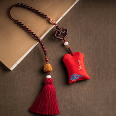 Red Sandalwood Car Hanging – Ruyi cloud connector with red silk pouch embroidered with gold peace characters and lotus tassel