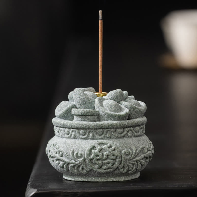 Fu Character Sandstone Incense Burner – front view with gold ingot lid, sandstone incense burner