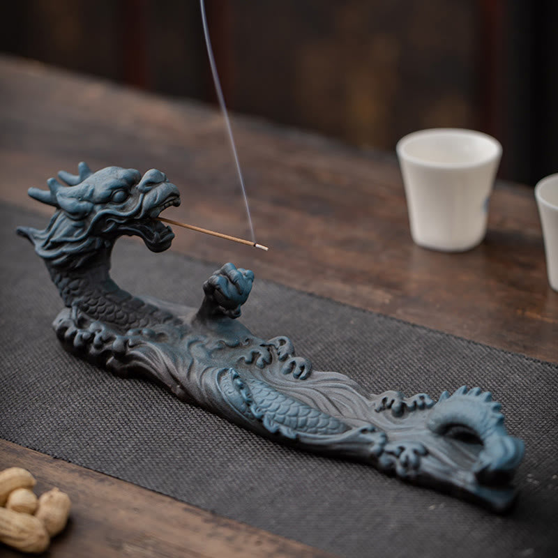 Dragon Protection Incense Burner – gold and blue-green finish side by side, both with lit incense, lucky fortune