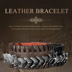 Dragon Leather Weave Protection Bracelet – dual-tone claw-embellished leather cuffs on historic backdrop, striking