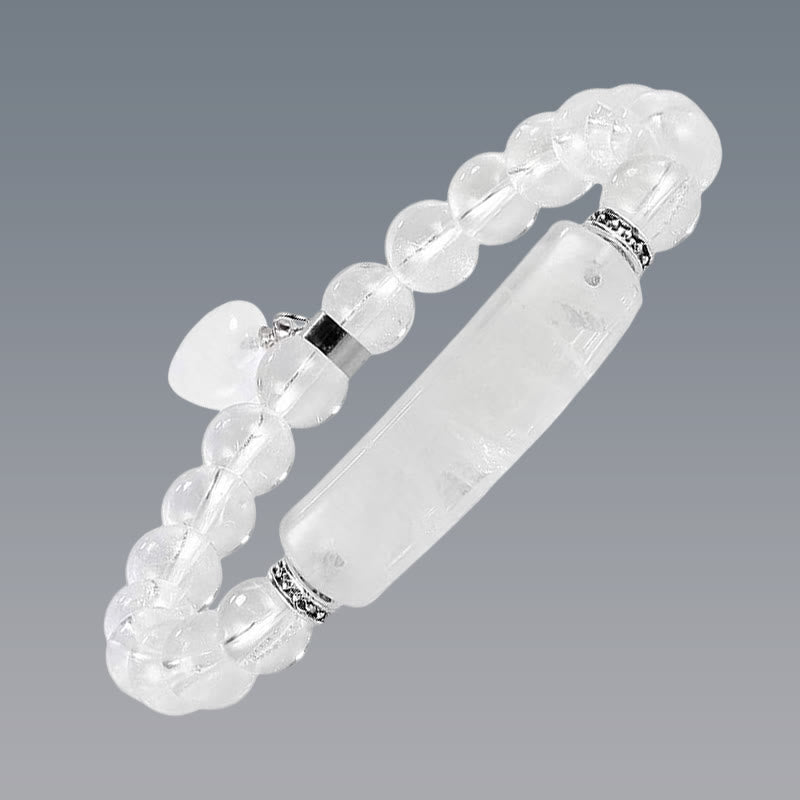 Natural Multi-Stone Love Heart Healing Bracelet - Clear quartz variant with translucent white faceted beads, frosted bar centerpiece, and heart charm on neutral gray background