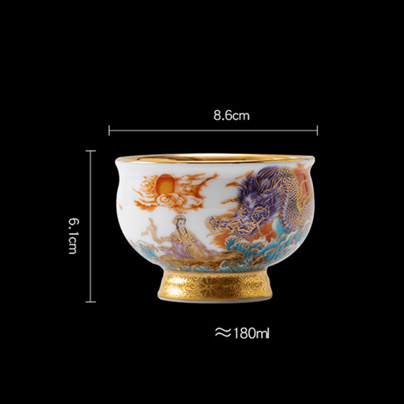 Golden Eagle Dragon Gilt Ceramic Teacup – front view with purple dragon, orange sun, turquoise waves, gold rim and base, 180ml