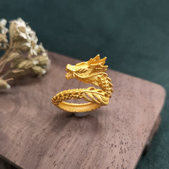 Golden Dragon Success Strength Ring - coiled dragon ring with scales on wood stand, power symbol