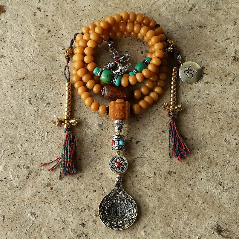 108 Bodhi Seed Mala Bracelet – Complete Tibetan prayer mala with amber beads and dorje counters, Buddhist necklace Main image