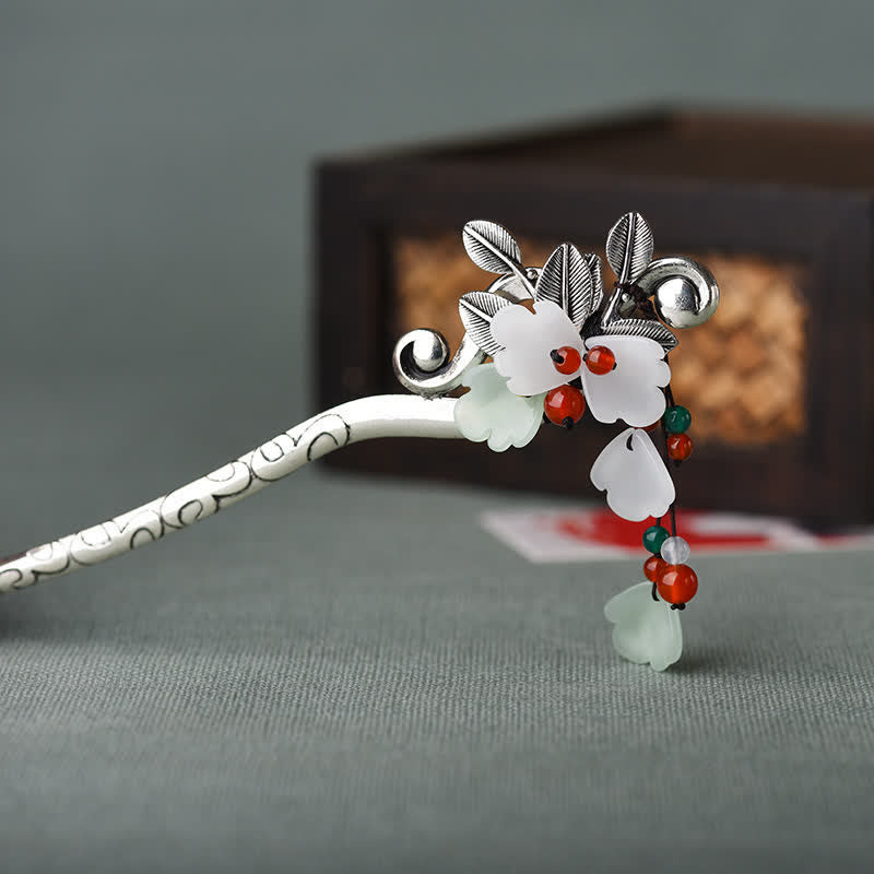 Red Agate Jade Flower Hair Pin, back view showing hairpin structure and bead dangles