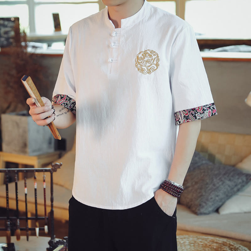 Dragon Embroidery Frog-Button Linen Tang Suit Shirt - White linen on model with red trim, sharp