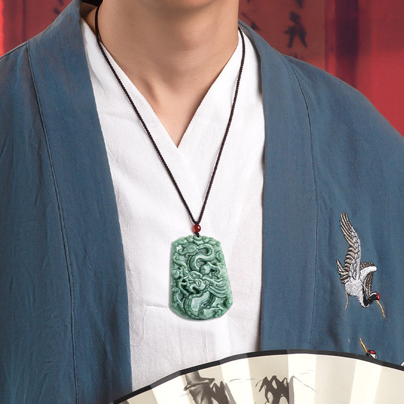 Chinese Zodiac Dragon Jade Strength Necklace - worn with traditional hanfu showing carved jade dragon, protection