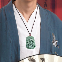 Chinese Zodiac Dragon Jade Strength Necklace - worn with traditional hanfu showing carved jade dragon, protection