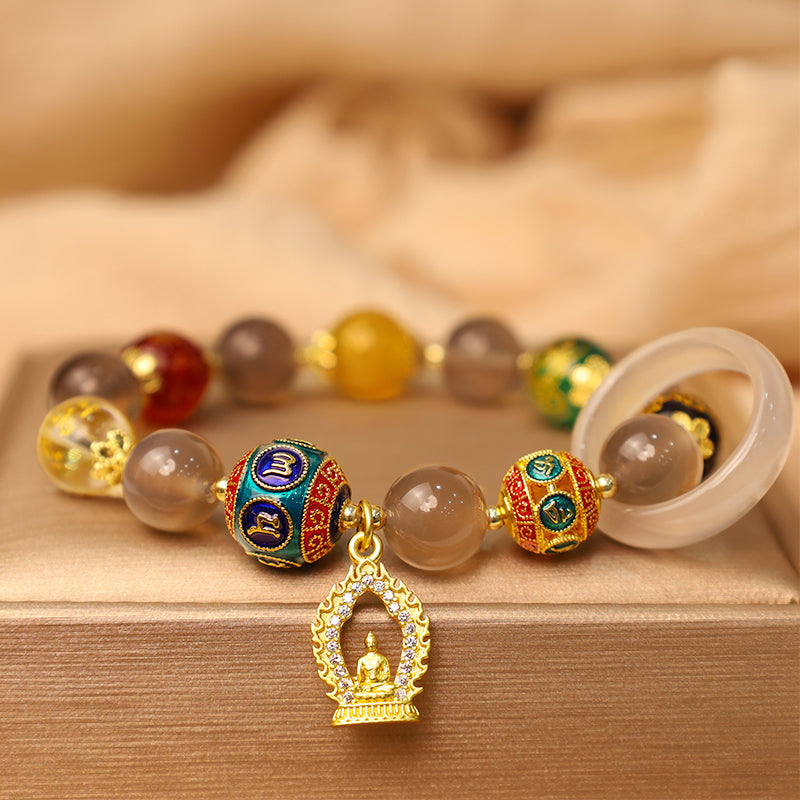 Gray Agate Mantra Bracelet - Close-up of engraved mantra text on focal bead, Buddhist prayer