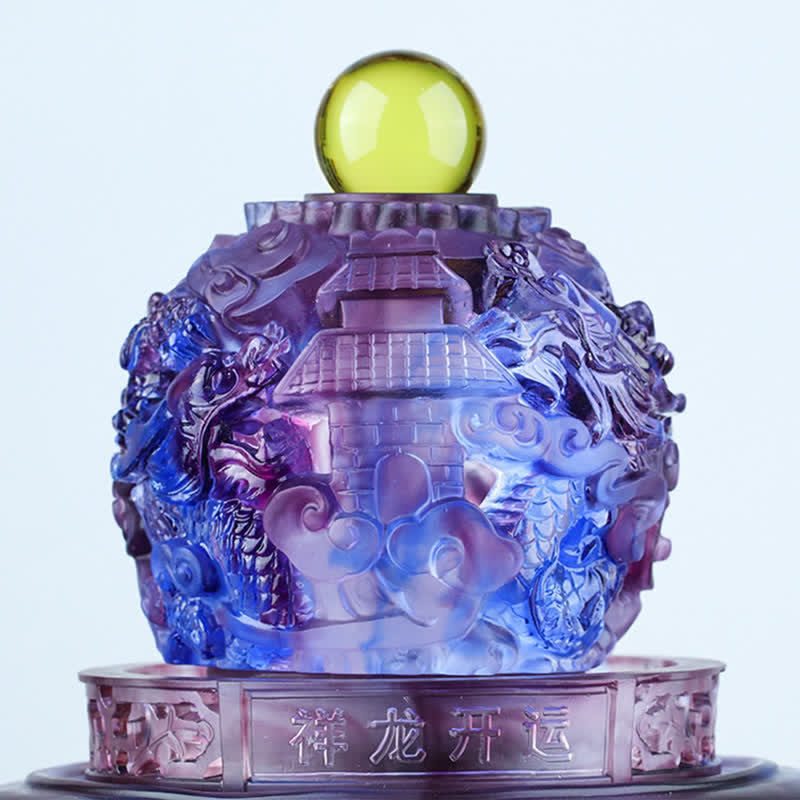 Liuli Dragon Crystal Sphere – Translucent purple orb with pagoda and dragon relief on dark surface, Prosperity