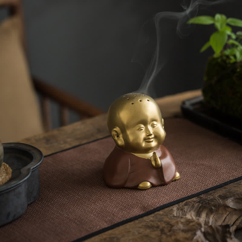 Little Laughing Buddha Burner – ceramic happy figure holding bowl, healing incense holder decor