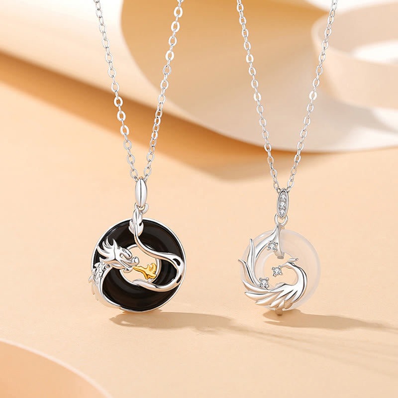 Black Onyx Dragon Phoenix Pendant - silver couple necklaces on black and white jade medallions, Protection