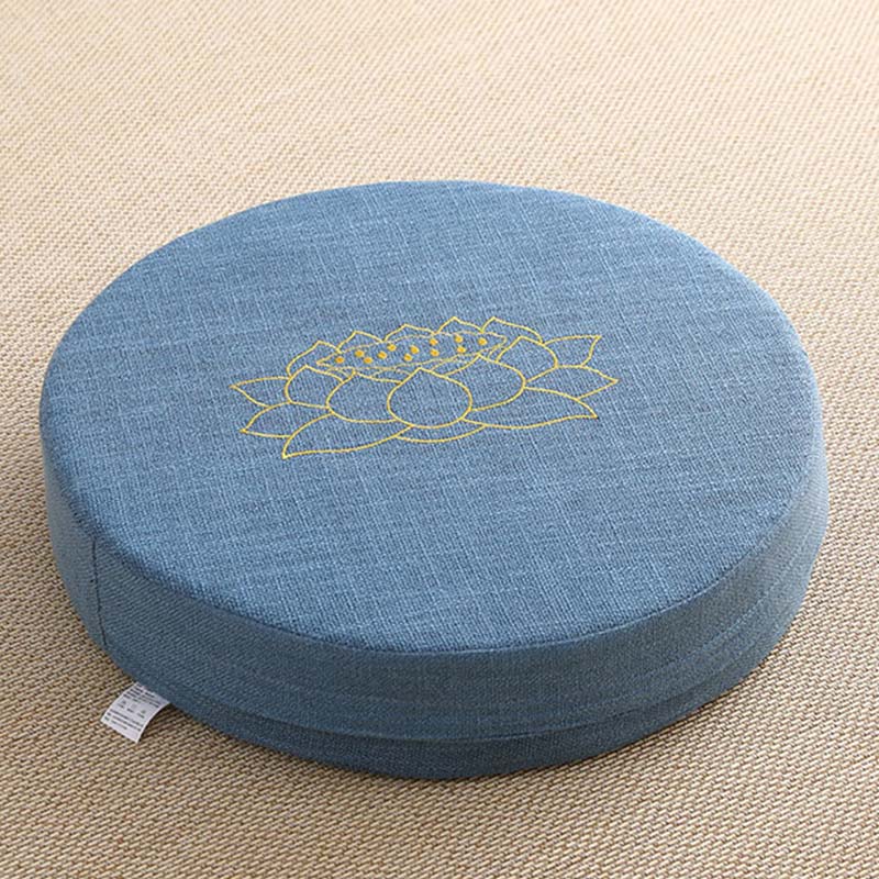 Slate Blue Meditation Cushion - Gold lotus embroidery on denim linen zafu, calming seating