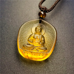 Chinese Zodiac Natal Buddha Liuli Pendant - seated Buddha in meditation with lotus throne, amber, Compassionate