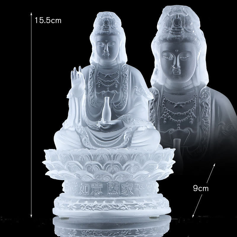 Kwan Yin Liuli Crystal Statue – Rich caramel swirls embedded in glass form, handmade sculpture