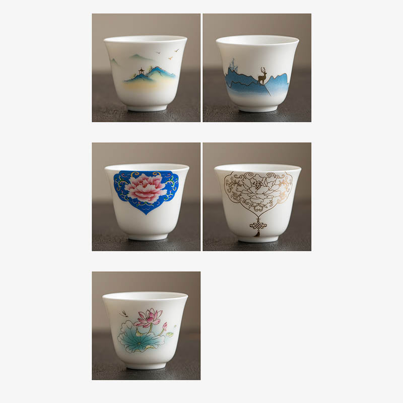 Ceramic Kung Fu Tea Cup – lotus with dragonfly and gold calligraphy on ivory body, gongbi style, scholarly, zen