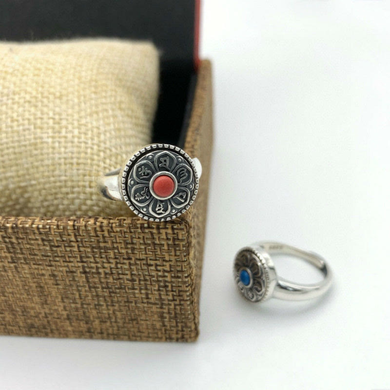 Tibetan Om Mani Padme Hum Ring – Blue stone on white, red on burlap box, Tibetan ring