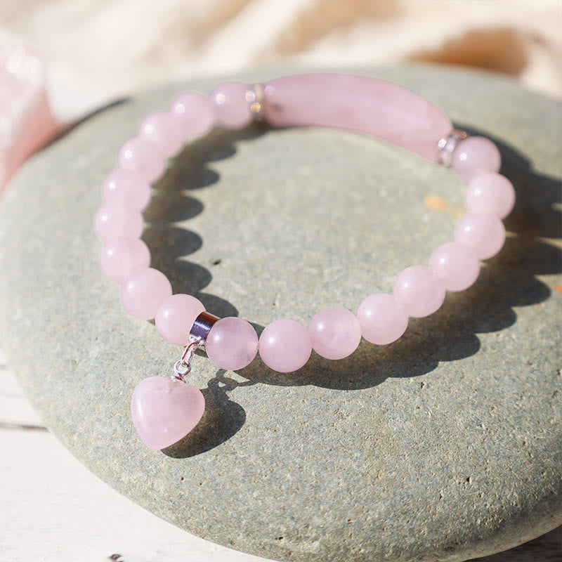 Natural Multi-Stone Love Heart Healing Bracelet - Rose quartz variant with soft pastel pink translucent beads, curved tube centerpiece, and heart-shaped charm