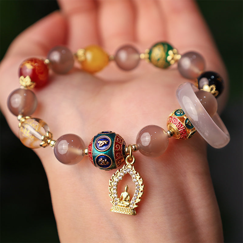 Gray Agate Mani Padme Hum Bracelet - Side view of stacked agate beads, feng shui stone