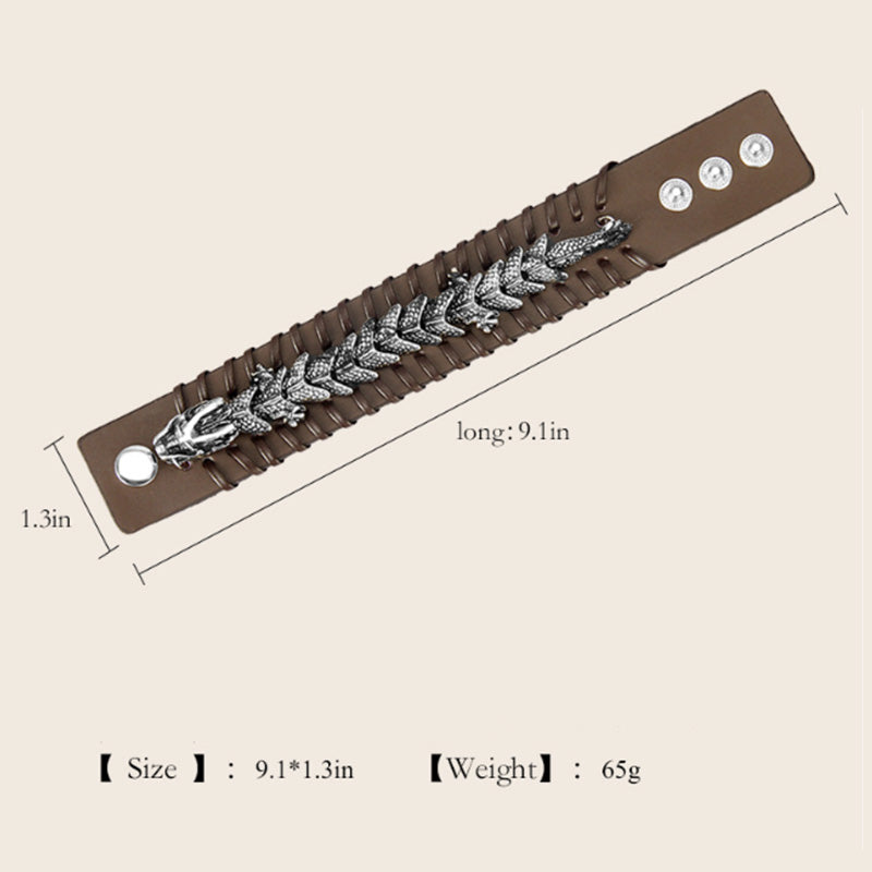 Dragon Leather Weave Protection Bracelet – brown leather dragon cuff with size specs and triple snap, crafted