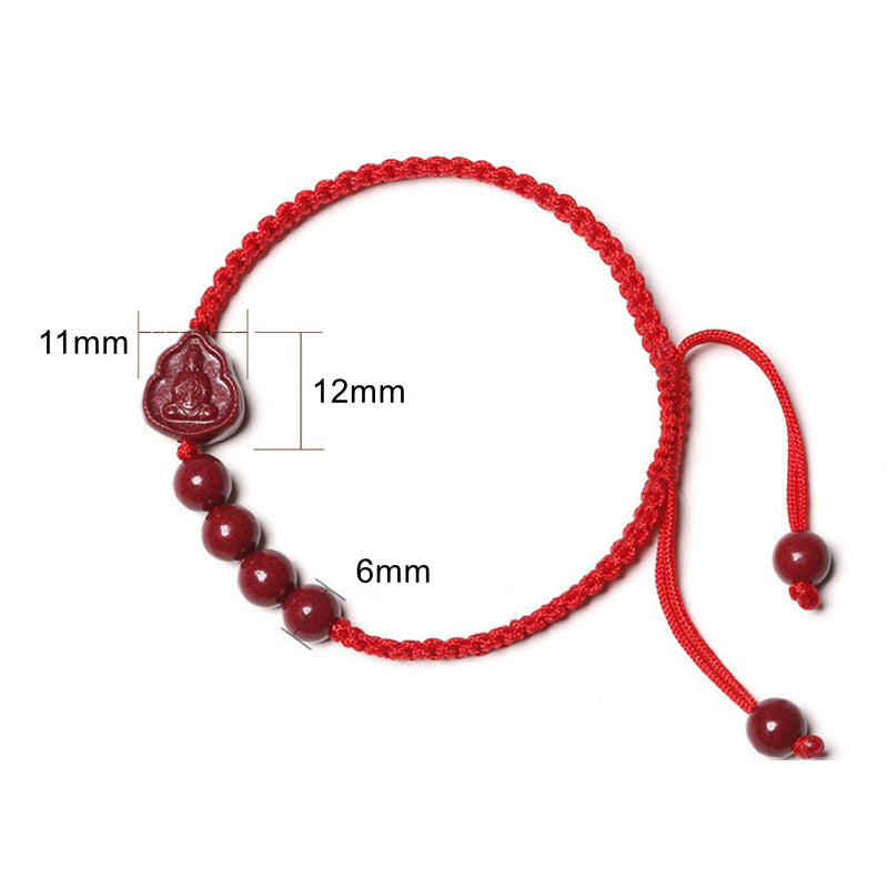 Cinnabar Laughing Buddha Guan Yin Bracelet – red cord with Buddha pendant and beads, size annotations 6mm 11mm 12mm overlay