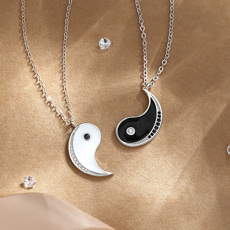 925 Sterling Silver Yin Yang Harmony Necklace Pendant – Interlocking pendants on beige fabric, crystal embellishments, friend