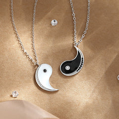 925 Sterling Silver Yin Yang Harmony Necklace Pendant – Interlocking pendants on beige fabric, crystal embellishments, friend