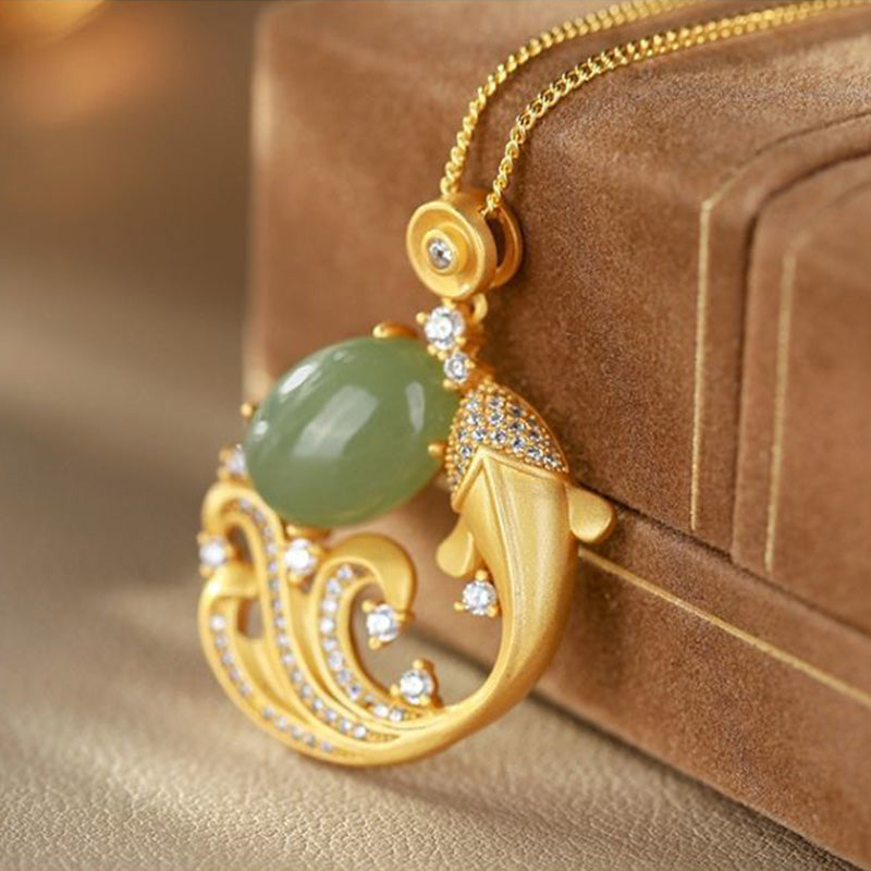 Cyan Jade Koi Fish Healing Necklace Pendant – jade color and translucency detail, soothing jade jewelry