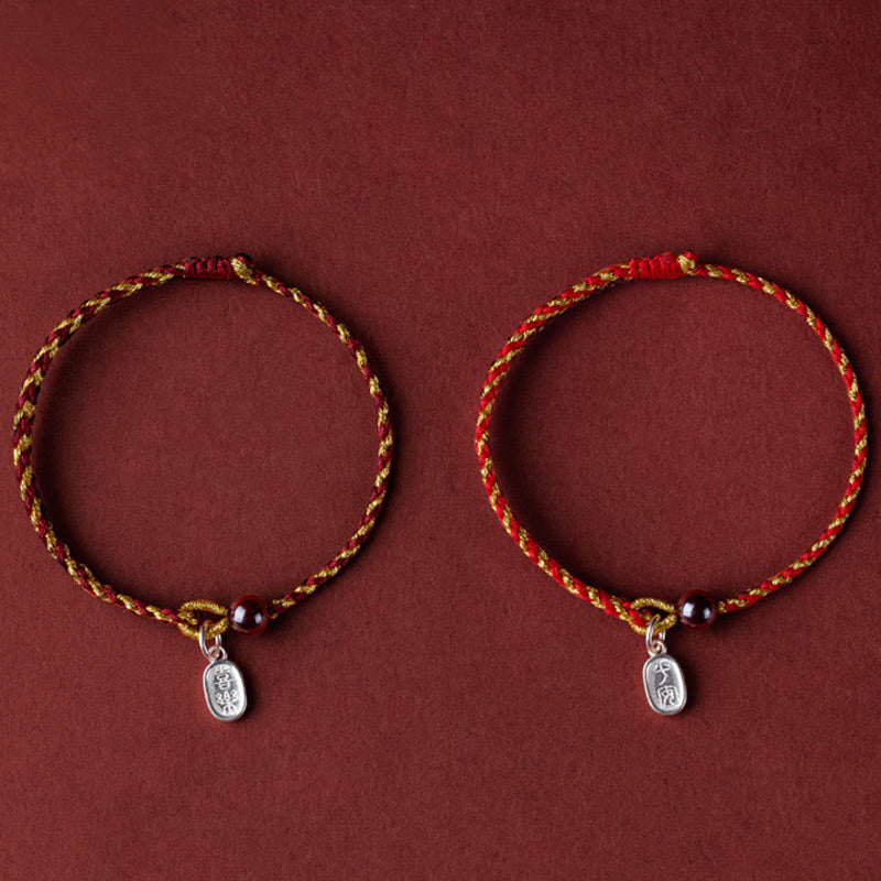 Red Gold Rope Lotus Braid Bracelet - peace and joy dual blessing charm set, braid bracelet