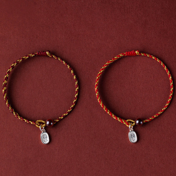 Red Gold Rope Lotus Braid Bracelet - peace and joy dual blessing charm set, braid bracelet