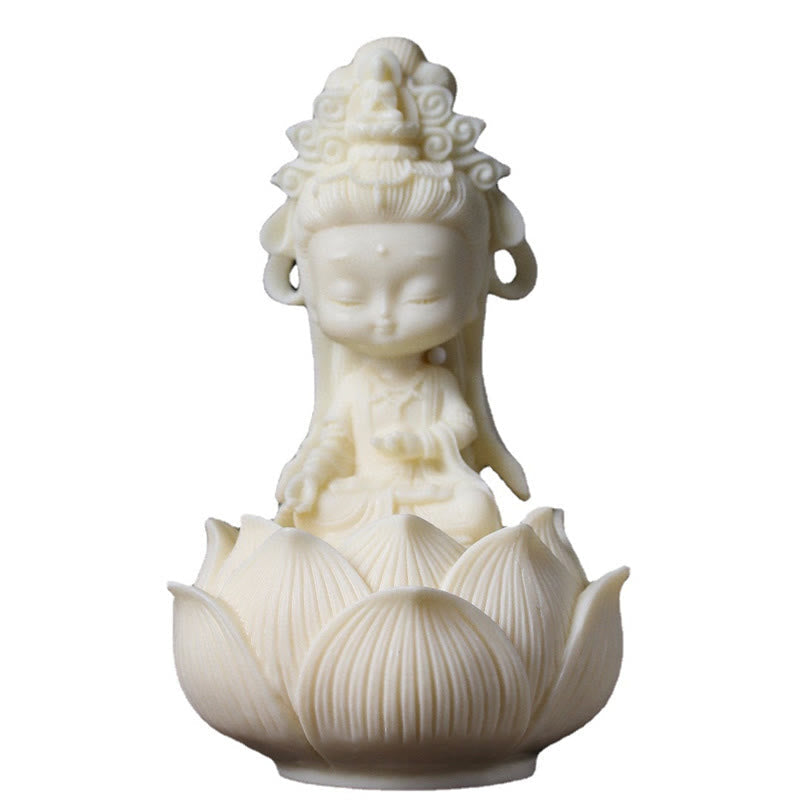 Kwan Yin Ivory Fruit Lotus Decoration - ivory resin Guanyin on lotus seat, white background, Meditative