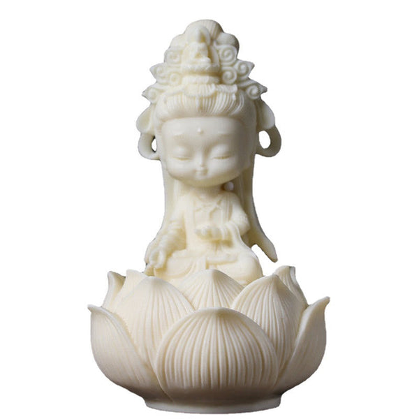 Kwan Yin Ivory Fruit Lotus Decoration - ivory resin Guanyin on lotus seat, white background, Meditative