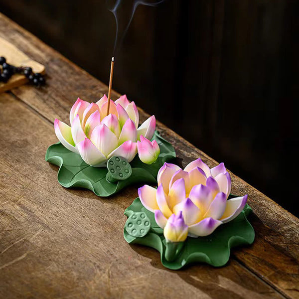 Lotus Ceramic Incense Burner - pink and purple lotus holders side by side, one with lit incense, zen decor