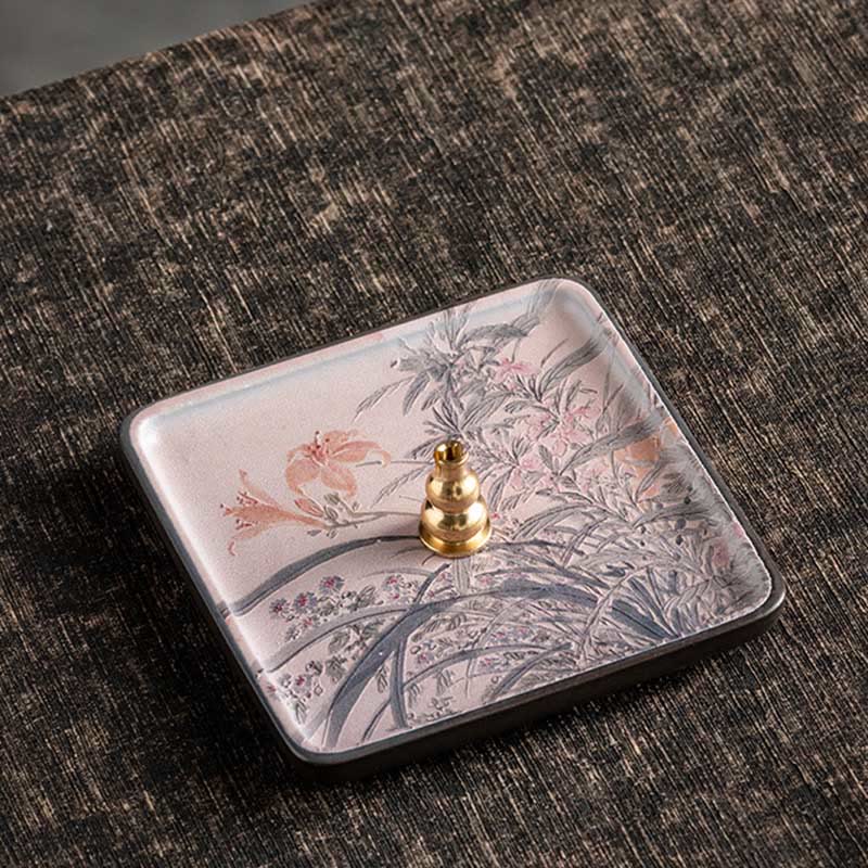 Floral Ceramic Incense Holder – Soft pink lily flowers on crackle-glazed plate with brass pagoda holder