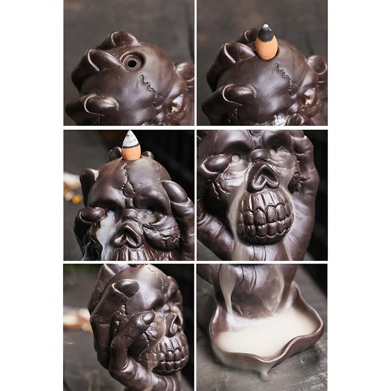 Skull Ghost Hand Burner – six-angle composite showing smoke flow sequence, backflow incense