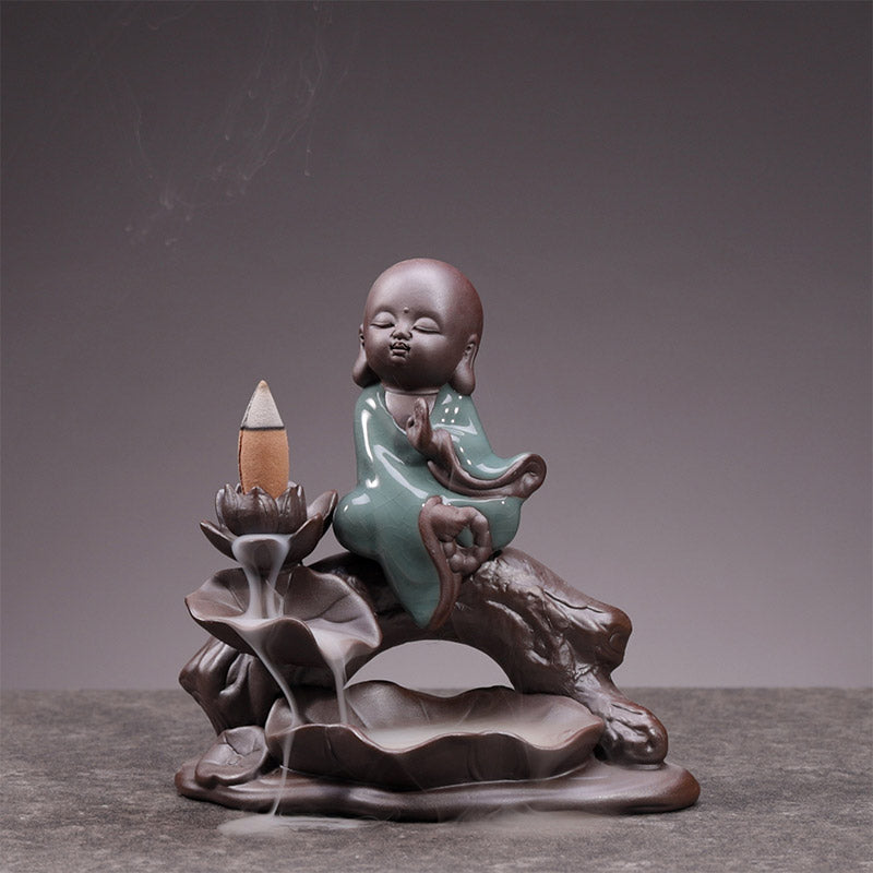Little Monk Ceramic Incense Burner - Ceramic monk incense burner with lotus flower base, zen spiritual home decoration