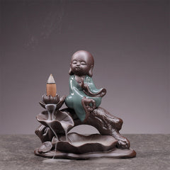 Little Monk Ceramic Incense Burner - Ceramic monk incense burner with lotus flower base, zen spiritual home decoration
