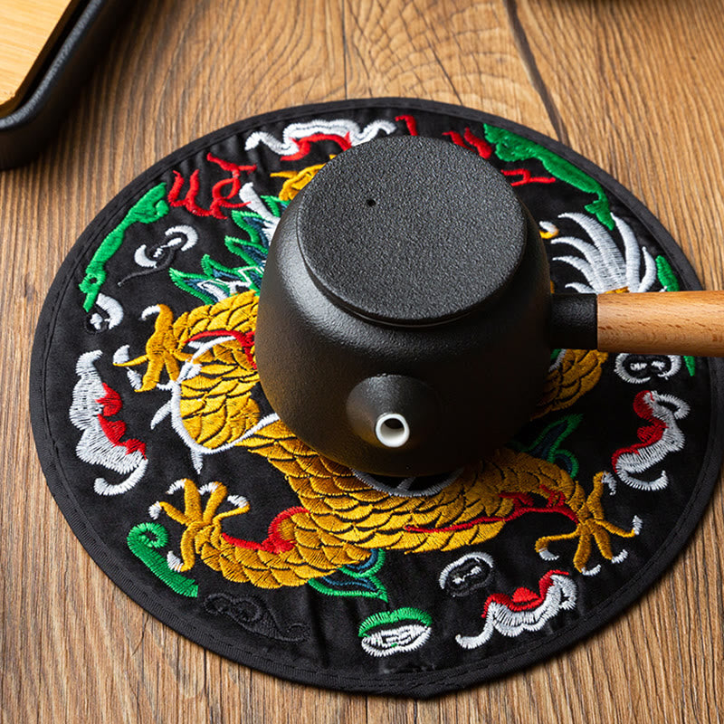Dragon Embroidery Tea Cup Coaster Mat - black base with teapot resting on dragon, tea service functionality