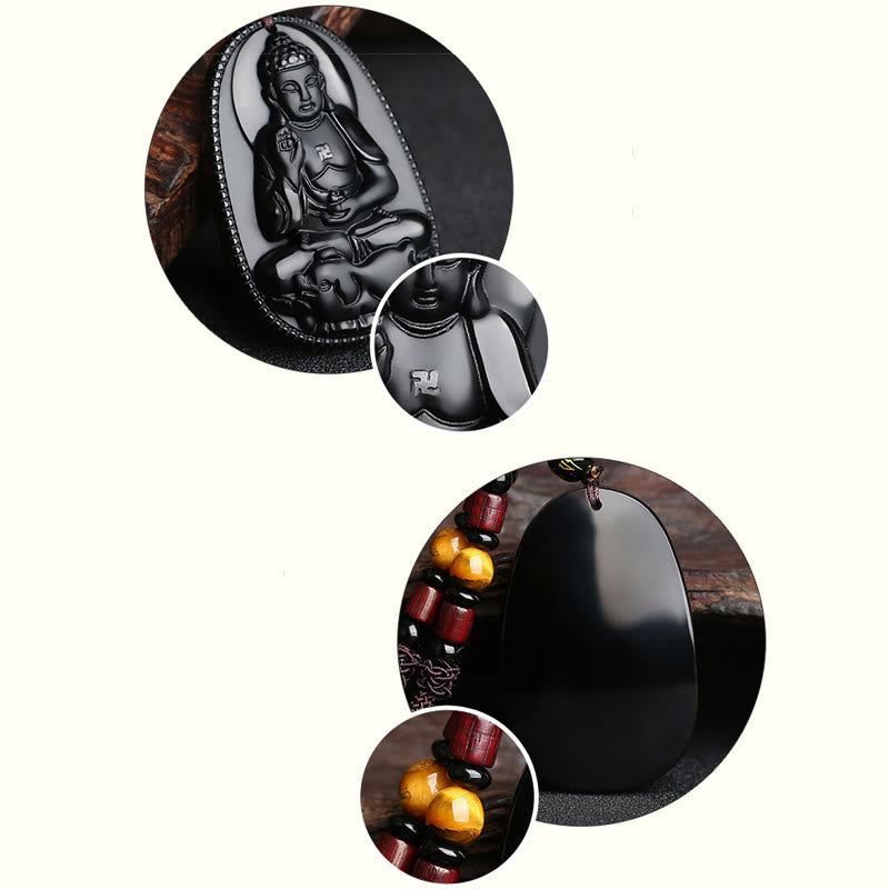 Chinese Zodiac Buddha Black Obsidian Necklace – dual circle view of carved Buddha front and polished obsidian back with swastika detail inset, craftsmanship showcase