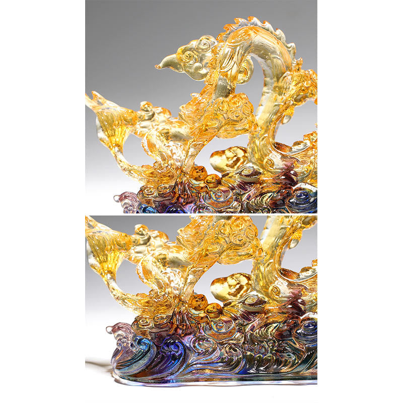 Handmade Dragon Liuli Crystal Art Piece - split comparison frames, amber glass dragon on purple waves, lucky