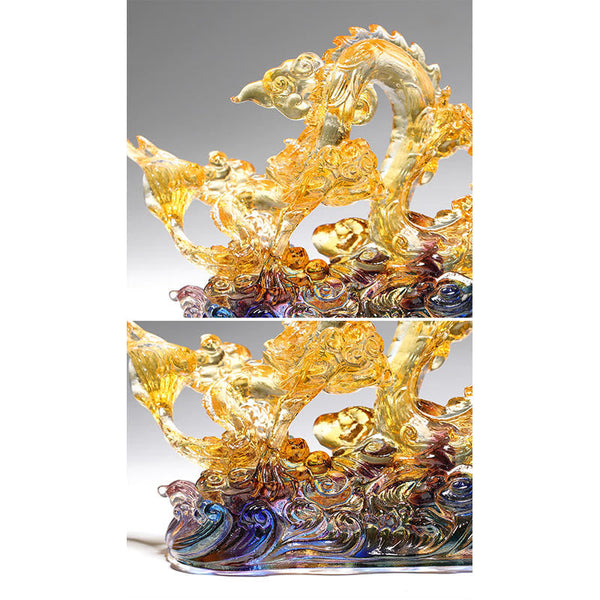 Handmade Dragon Liuli Crystal Art Piece - split comparison frames, amber glass dragon on purple waves, lucky