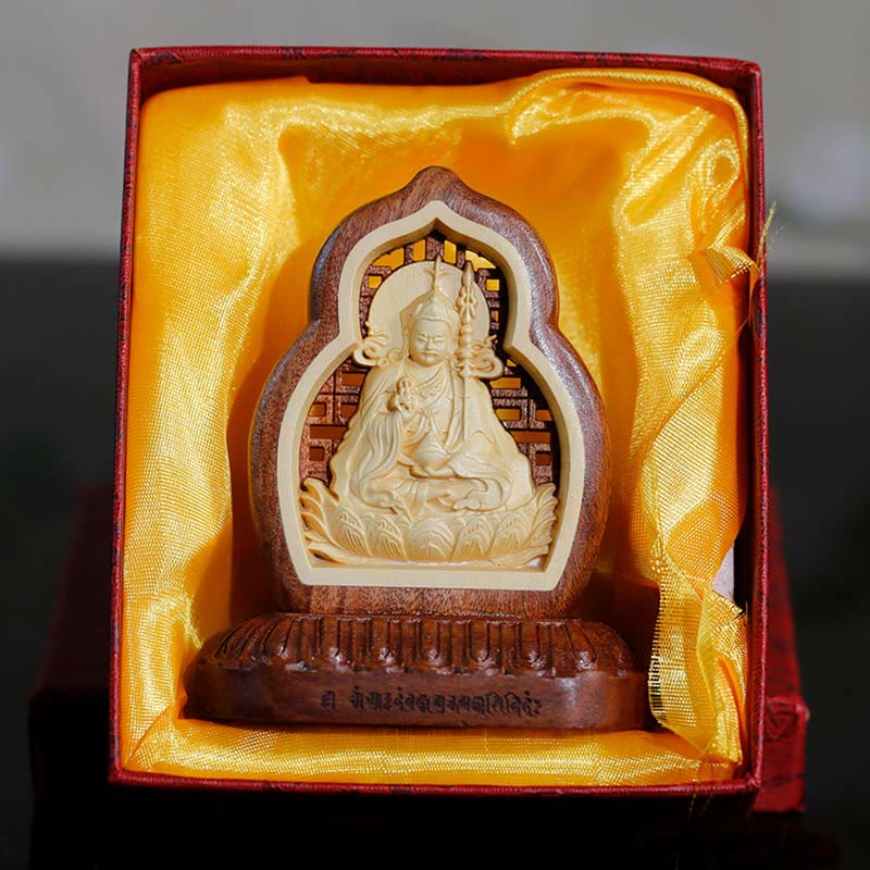 Padmasambhavan Wood Figurine – detailed grain engraved robes, Guru Rinpoche altar statue