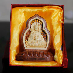 Padmasambhavan Wood Figurine – detailed grain engraved robes, Guru Rinpoche altar statue